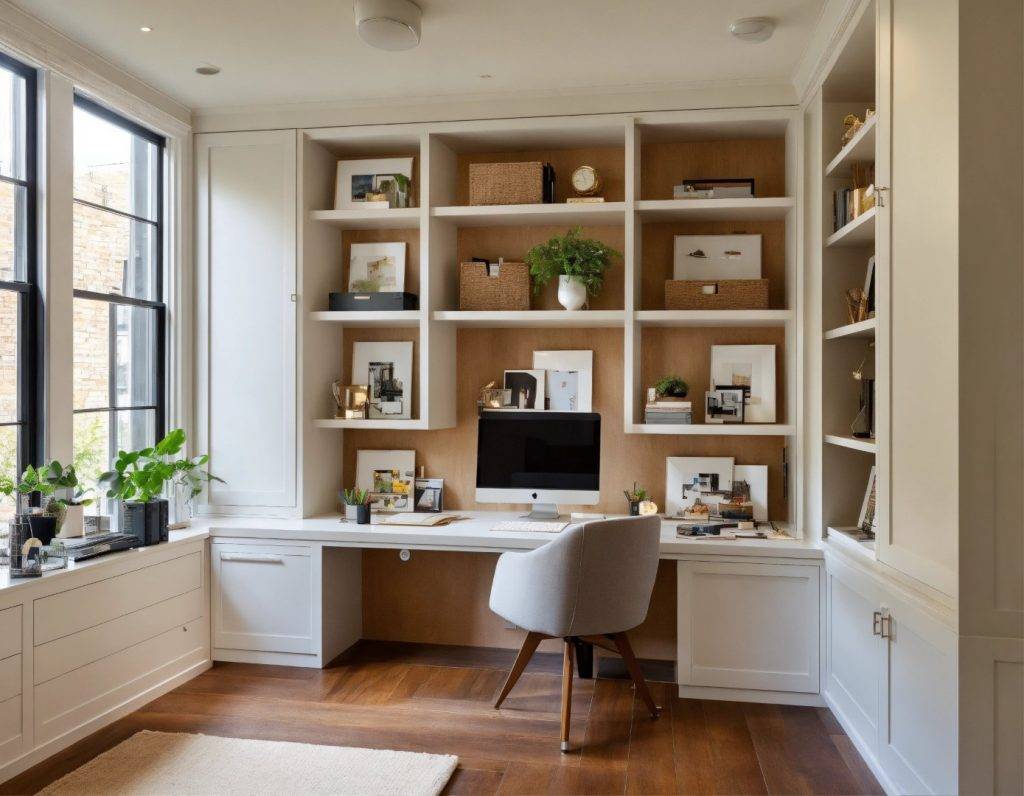 small white modern home office with built ins (Large)